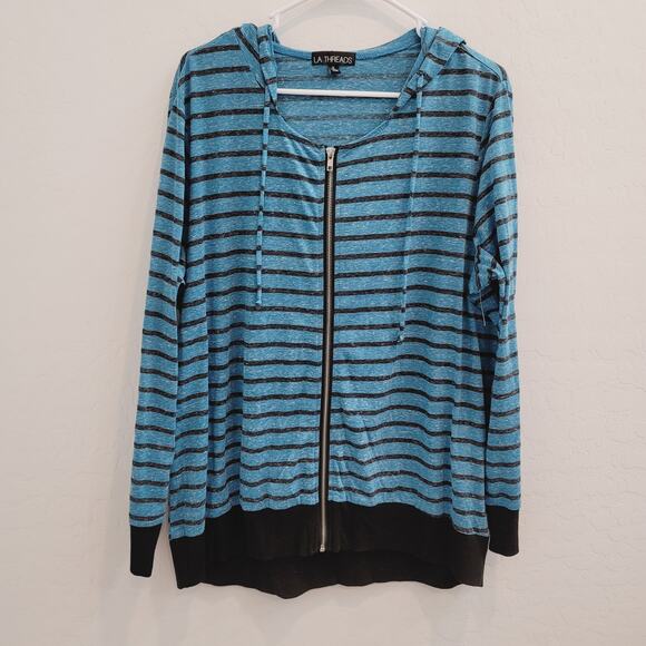 NWOT LA THREADS Blue & Black Striped Zipper Front Hoodie Top Women's Size 1X - Picture 8 of 8